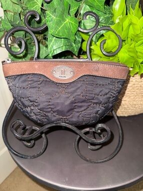 Fossil Brown on Brown Quilted Cosmetic Pouch with Brown Leather Trim